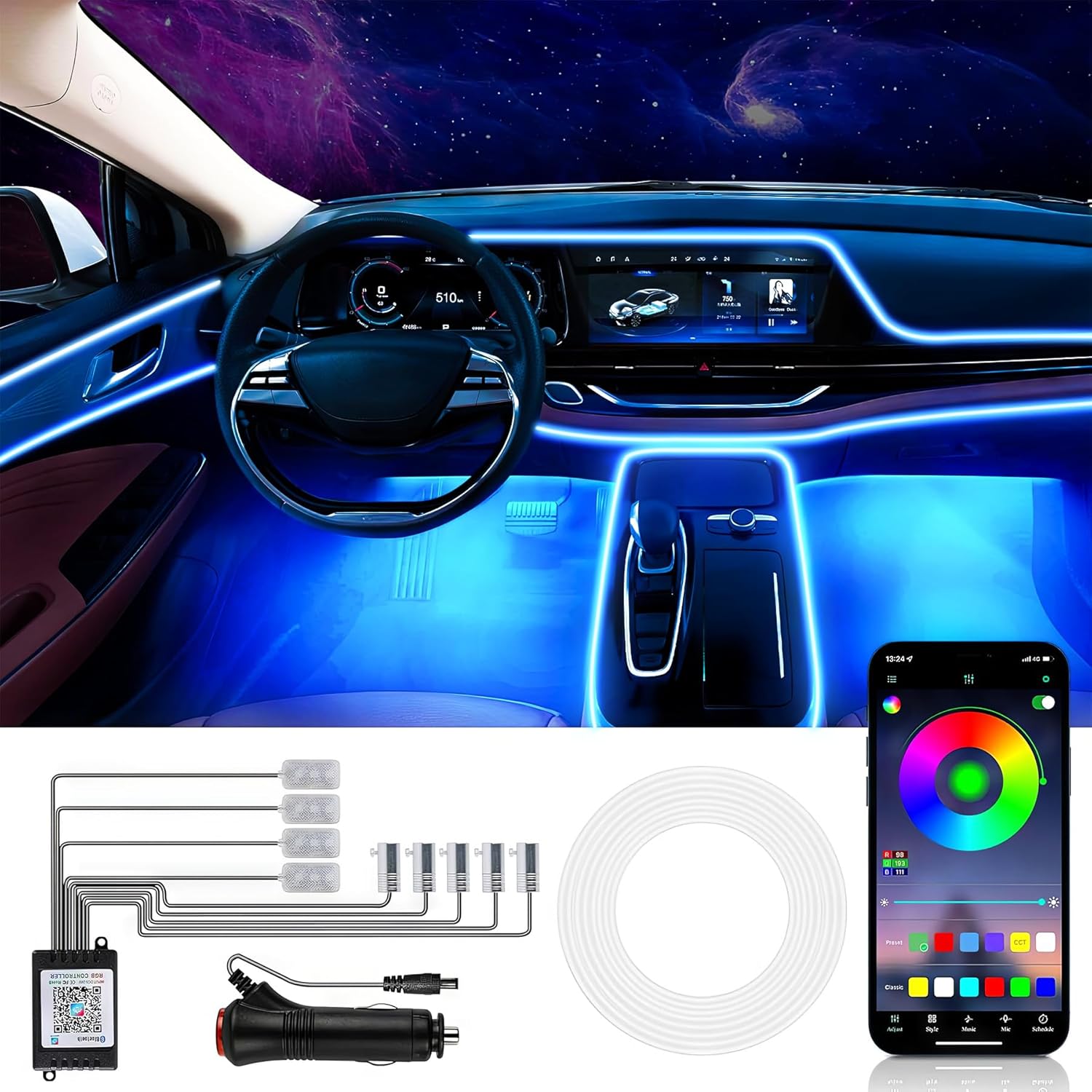 Wilktop RGB Car Interior LED Strip with App 12V